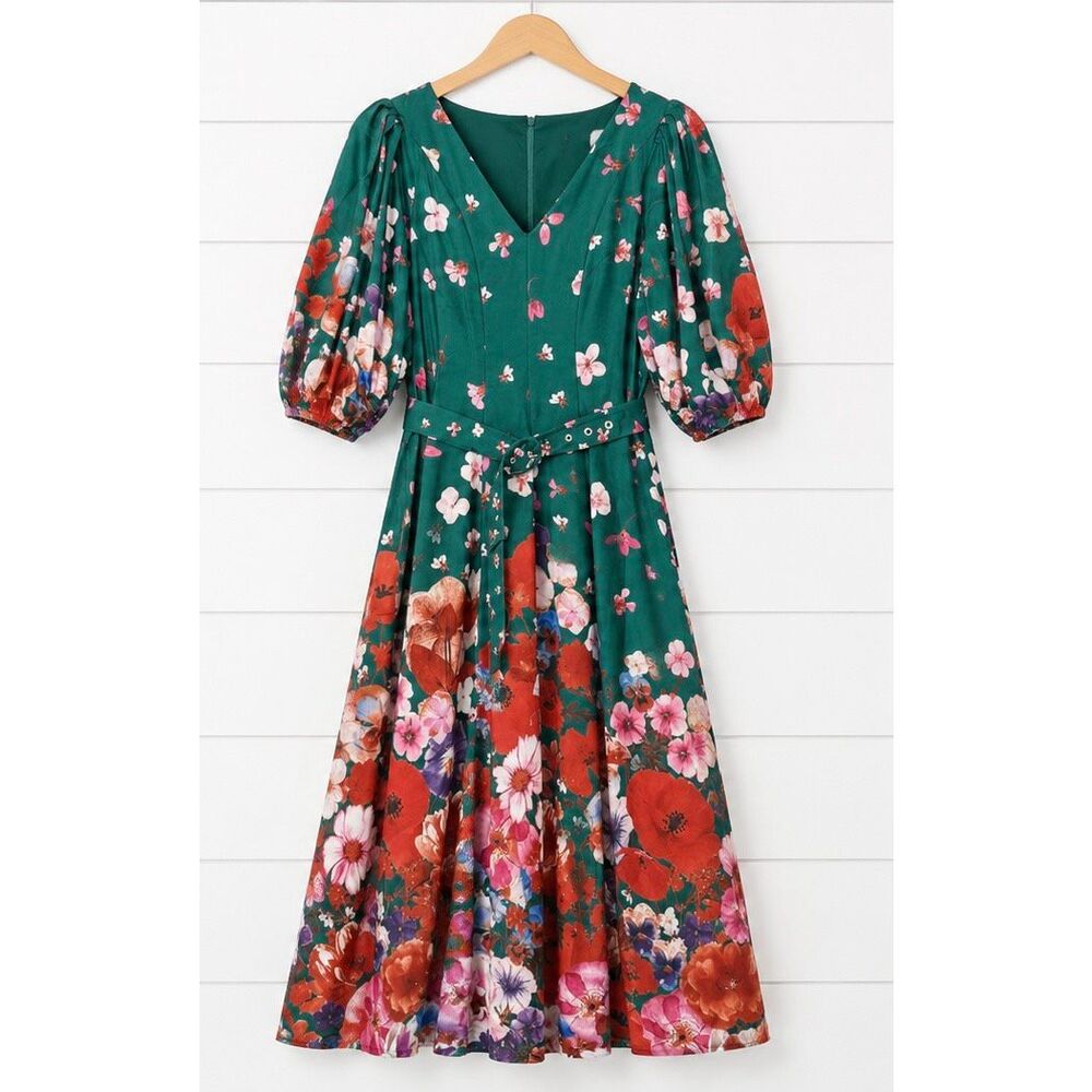 Dahlia Macphee NWT cascading floral green puff sleeve dress M - Picture 2 of 11